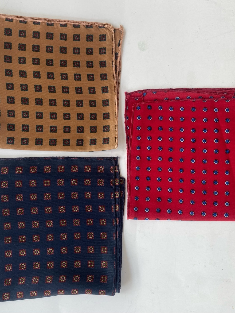 3 Men's Vintage Silk Pocket Square Set - Red, Navy & Tan Patterned Handkerchiefs